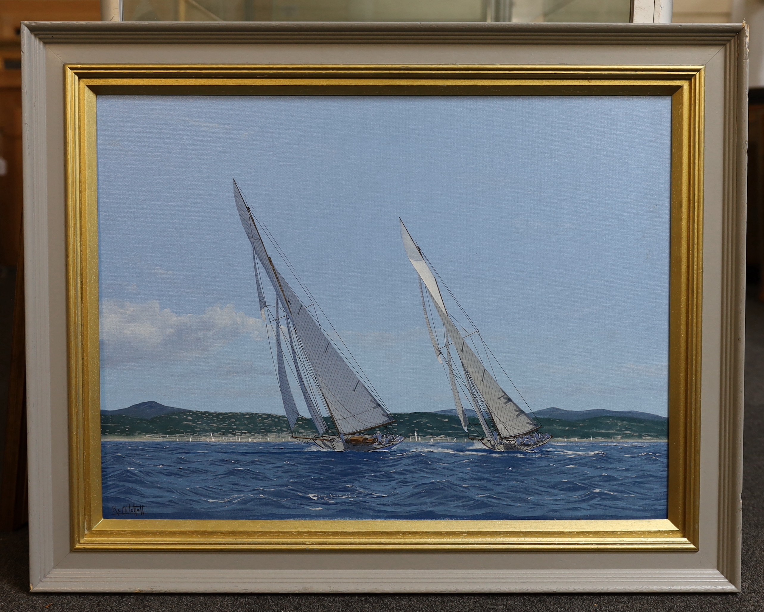 Ron Charles Mitchell (1960-), oil on canvas, 'Marquita & Tuiga racing, Regatta Royales, Cannes', signed, 45 x 60cm